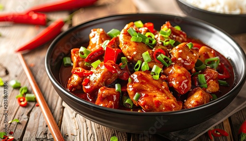 Spicy Kung Pao Chicken with Chili Peppers and Scallions.