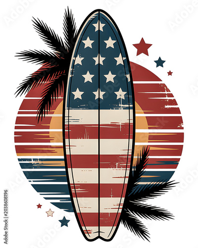 Patriotic Surfboard Illustration with American Flag Design, Retro Sunset, and Palm Silhouettes