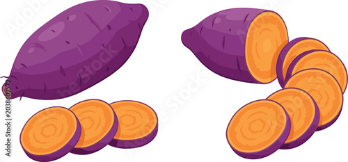 Foto Fresh raw purple sweet potato whole and round orange cut slices flat vector illu