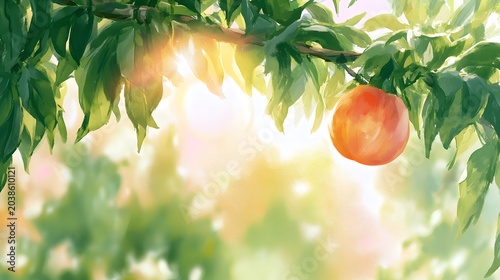 Golden peach hangs sweetly on a branch bathed in warm orchard sunlight illustration