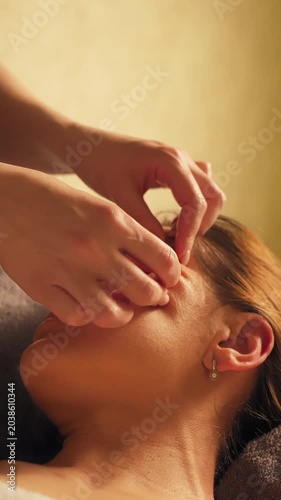 Facial Massage in Spa Salon Slow Motion, Vertical Video Cozy Warm Light Atmosphere