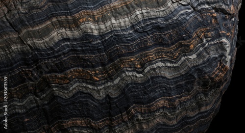 Close up view of gneiss rock with prominent foliation and mineral layers on black backdrop