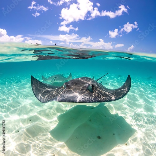 A large gray stingray swims over a sandy ocean floor