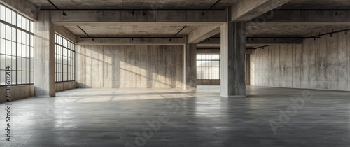 Empty loft style room with exposed concrete walls and glass windows