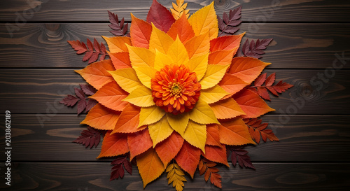 Beautiful Autumn Leaf Mandala Flower Design on Wooden Background.