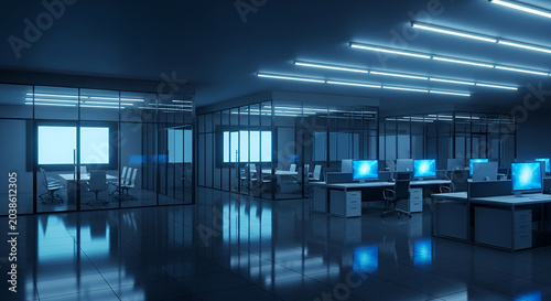 Modern Office Interior with Blue Neon Lights and Computer Workstations.