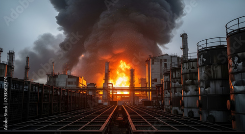 Industrial Plant Fire Disaster with Intense Flames and Smoke.