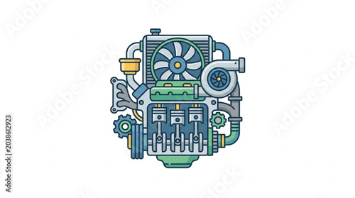 фотографія Detailed illustration of a car engine with turbocharger and fan.