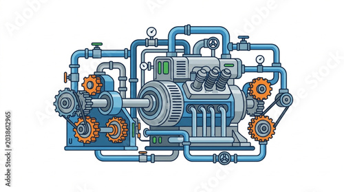 Photos Detailed illustration of a complex industrial engine with pipes and gears
