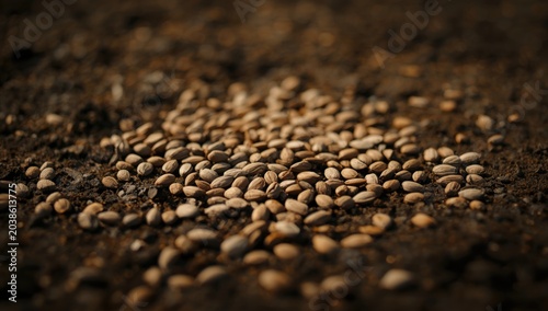 Collection of vegetable seeds spread across fertile soil surface with available copy space