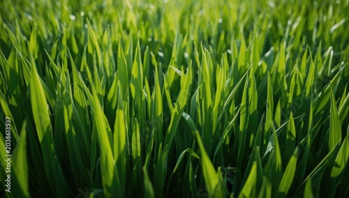 Detailed close shot of vibrant green grass with thick blades and rich texture under daylight