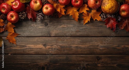 Festive autumn arrangement with ripe apples and colorful fallen leaves on rustic wooden table for seasonal promotion