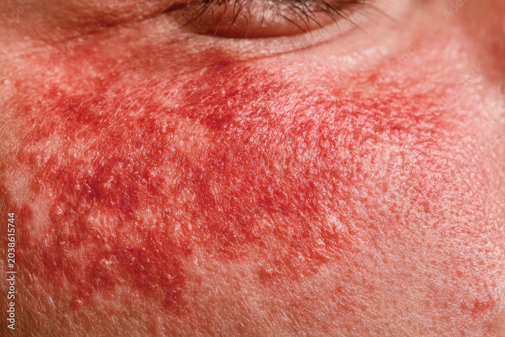 Fototapeta premium A captivating close-up of a face depicting redness due to a skin condition, symbolizing everyday challenges with skin health and the importance of self-care and attention.