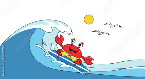 Cartoon Red Crab Surfing on Ocean Wave