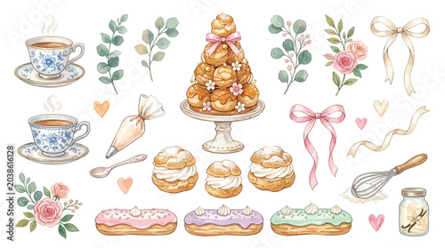 Bild auf Leinwand A delightful watercolor collection of French pastries, including a croquembouche, eclairs, cream puffs, tea cups, and baking accessories, perfect for a charming bakery or tea party theme