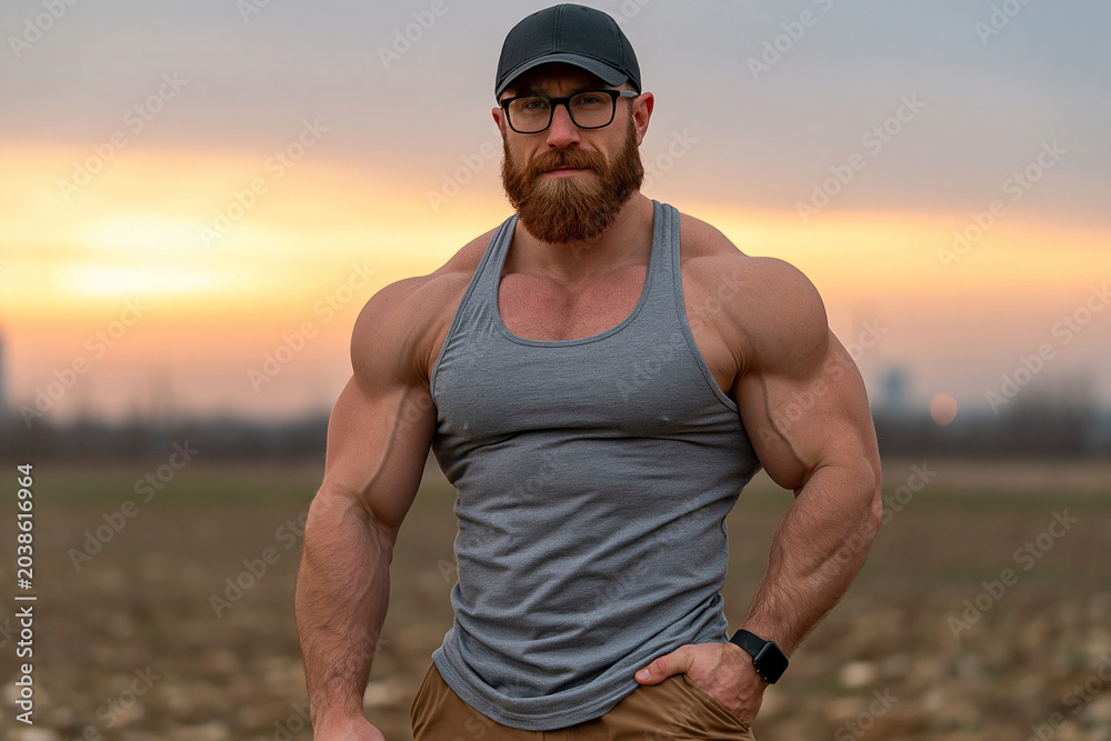 Fototapeta premium Man poses against sunset in rural area