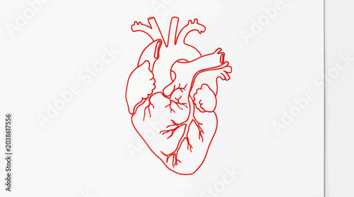 Foto Red Line Art Anatomical Heart Illustration on White Background
