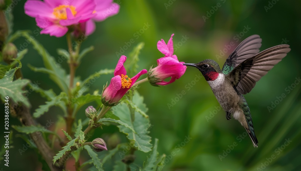 Obraz premium Graceful hummingbird sipping nectar from a bright pink flower amid greenery