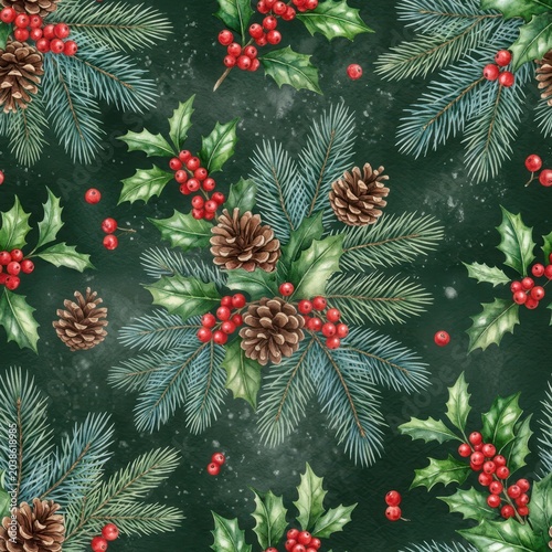 Festive evergreen branches with holly berries and pine cones on a dark background