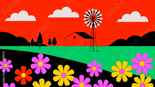 countryside-field-with-windmill-vector-art