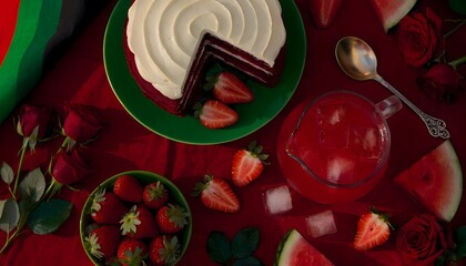 Juneteenth Celebration Food Flat Lay with Red Velvet Cake Hibiscus Punch Watermelon and Red Roses on Burgundy Linen Cloth