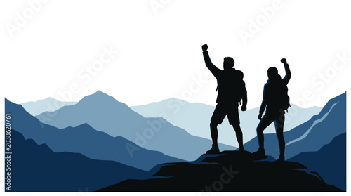 Two hikers standing on a mountain peak celebrating their successful climb with arms raised high together