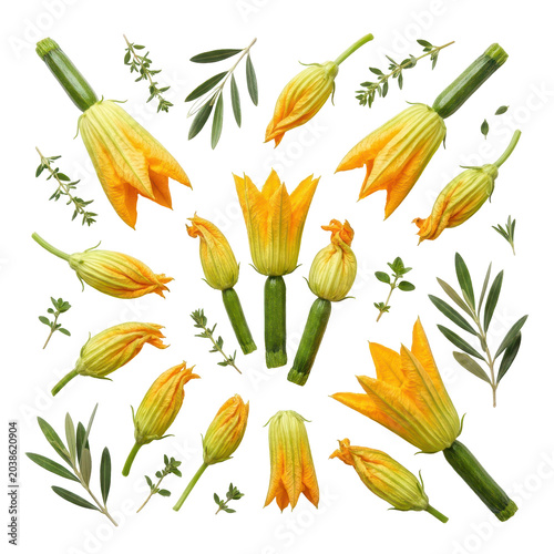 Collection of fresh zucchini blossoms and olive branches arranged on a white background