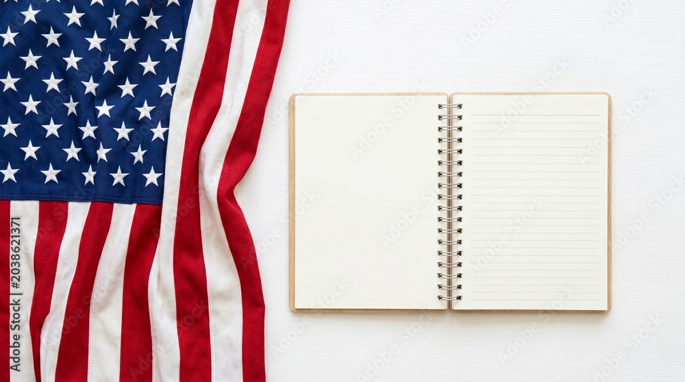 Obraz premium Patriotic American flag with blank spiral notebook on white background, USA flag and open notepad mockup, national holiday planning concept