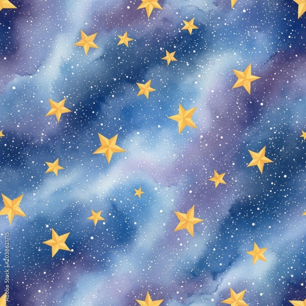 Fototapeta premium Whimsical yellow stars scattered across a vibrant watercolor galaxy background