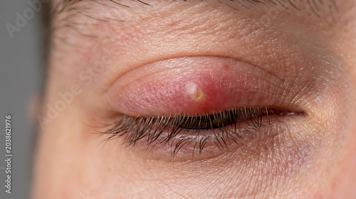 Detailed view of an inflamed human eye presenting a red, swollen bump on the upper eyelid, indicative of a stye