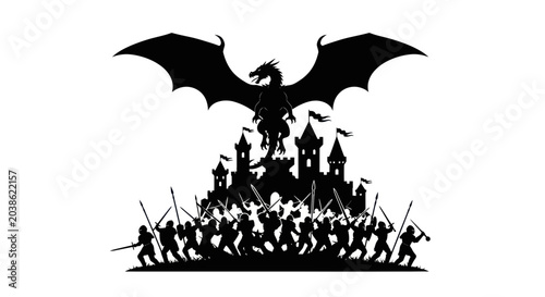 Fotografía Dragon attacking medieval castle with army of knights in silhouette