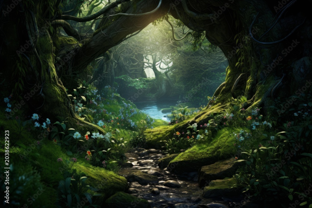 Obraz premium Lush green forest showing ancient trees, moss, flowers, and a flowing stream with sun rays