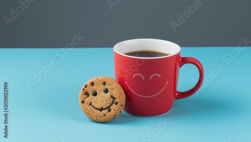 Creative greeting concept with bright red coffee cup and playful cookie smiles