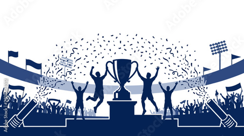 Foto Silhouettes of soccer players celebrating a championship victory with a trophy