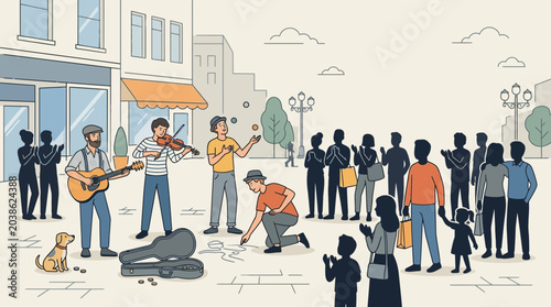 Canvas-taulu Street performers entertaining a crowd of people in an urban public square