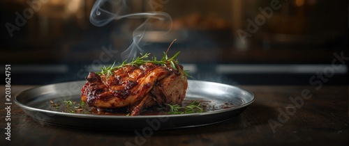 Close up food photography of pork roasting on a pan with rich smoky flavors
