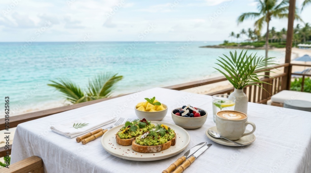 Obraz premium Enjoy a healthy breakfast with avocado toast and fresh fruit by the ocean