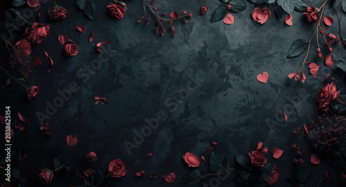 Dark floral gothic background with heart shaped decoration and ample copyspace for text