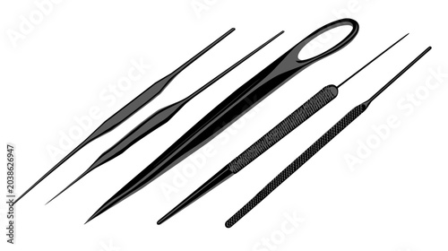 Stylized, close-up shot of several black needles and files isolated on a white backdrop