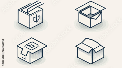 Four stylized, hand-drawn package illustrations in different states, ink outline with drop shadows