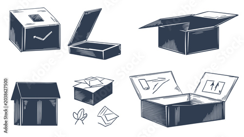 Stylized sketch illustrations of various cardboard boxes in different forms. Monochrome, line art style
