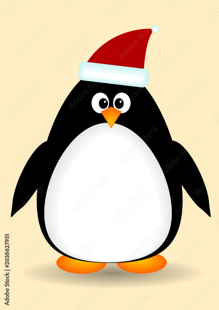 Fototapeta premium Cute funny vector drawing penguin in red hat