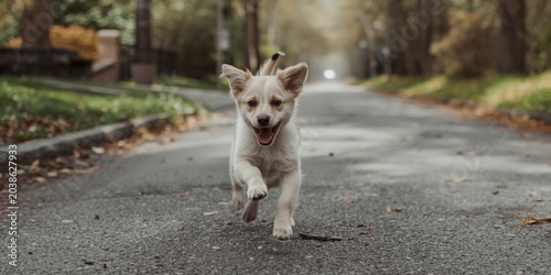 Excited puppy running freely along a paved street
