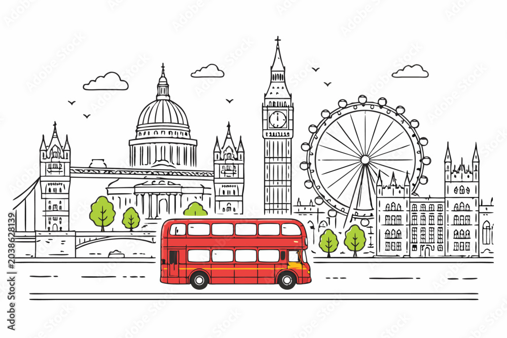 Obraz premium Iconic London cityscape line art featuring famous landmarks and a classic red double-decker bus in a simple flat vector illustration style, capturing the urban essence of the British capital.