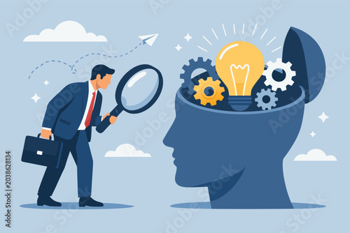 Businessman with Magnifying Glass Looking Inside Human Brain with Light Bulb and Gears. Vector Illustration Representing Creative Idea Generation, Psychological Analysis, and Intellectual Discovery.