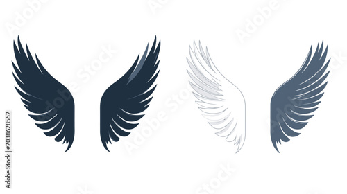 Four stylized wing illustrations in various grayscale color tones, suitable for graphic design