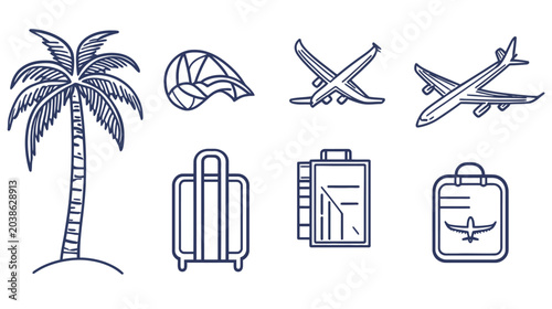 Collection of travel-related line art illustrations. Includes a palm tree, aircraft, and luggage icons