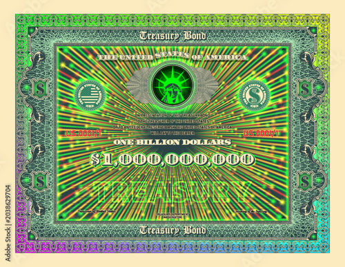 Fényképezés Vector glowing color treasury bond, face value of one billion US dollars