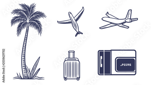 Stylized travel elements, including a palm tree, aircraft, luggage, and a boarding pass icon