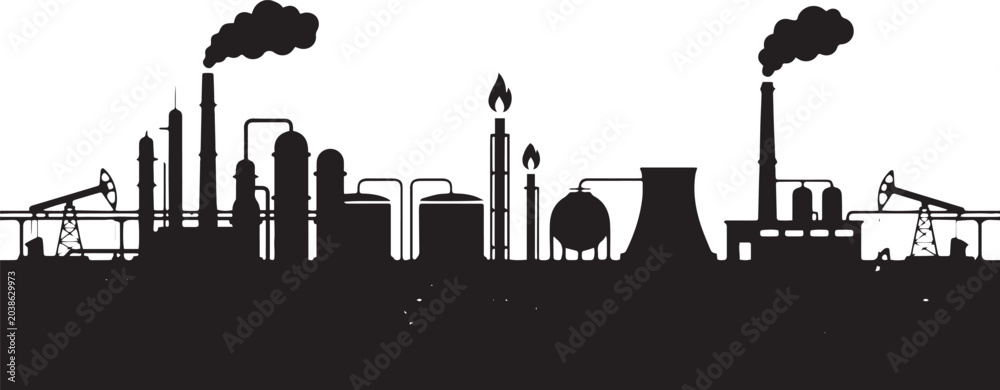 Obraz premium Silhouette of a vast industrial factory and oil refinery complex with smoking chimneys, symbolizing heavy industry, energy production, and environmental impact and pollution